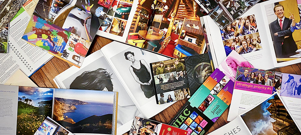 header image of multiple printed products overlapping eachother