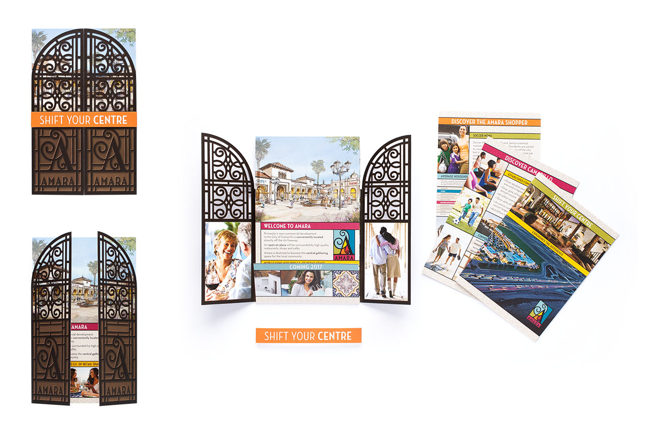 image of a full color brochure with precise diecutting that replicates an iron gate and three inserts