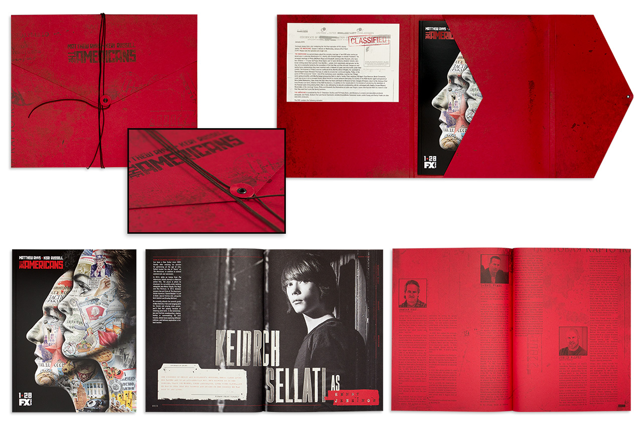 an image showing an outer die-cut carrier with a manilla type string and button closure and inserts including a one sheet and a booklet about a television show