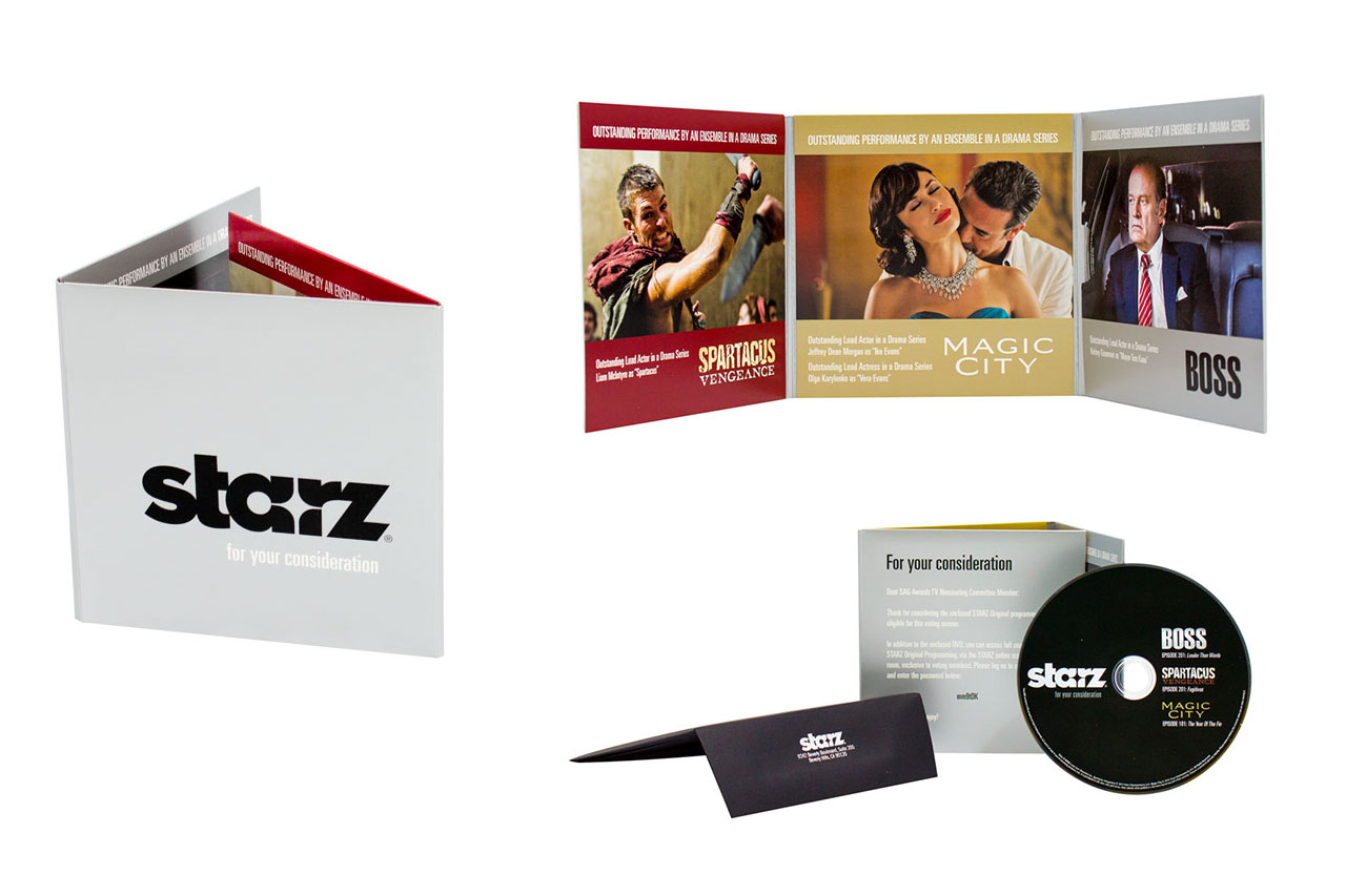 an image showing a promotional three panel dvd sleeve with metallic printing and a black paper envelope for a television network