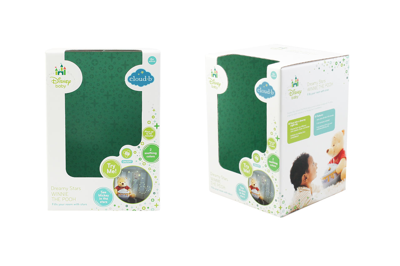an image showing different angles of a die-cut box to hold a plush baby toy