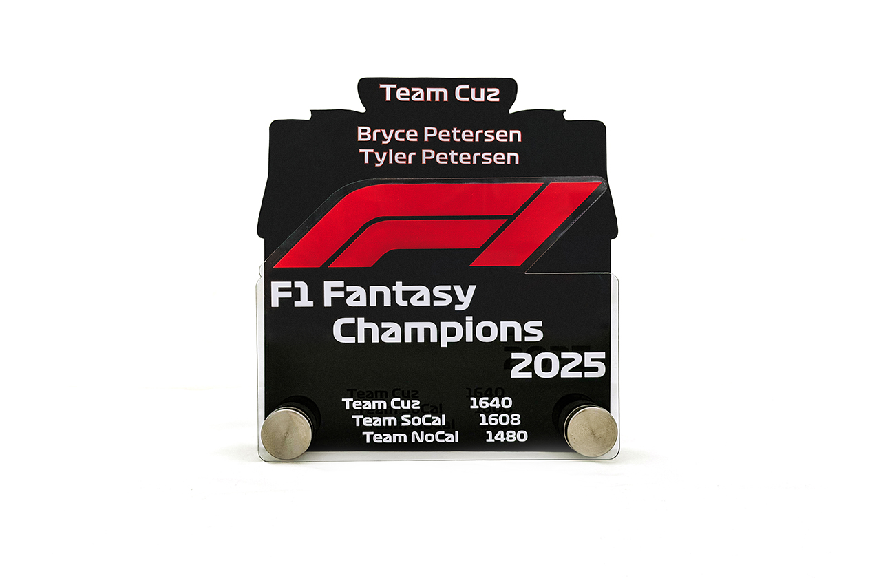 and image showing an trophy cut from black and clear acrylic with white ink base and full-color type